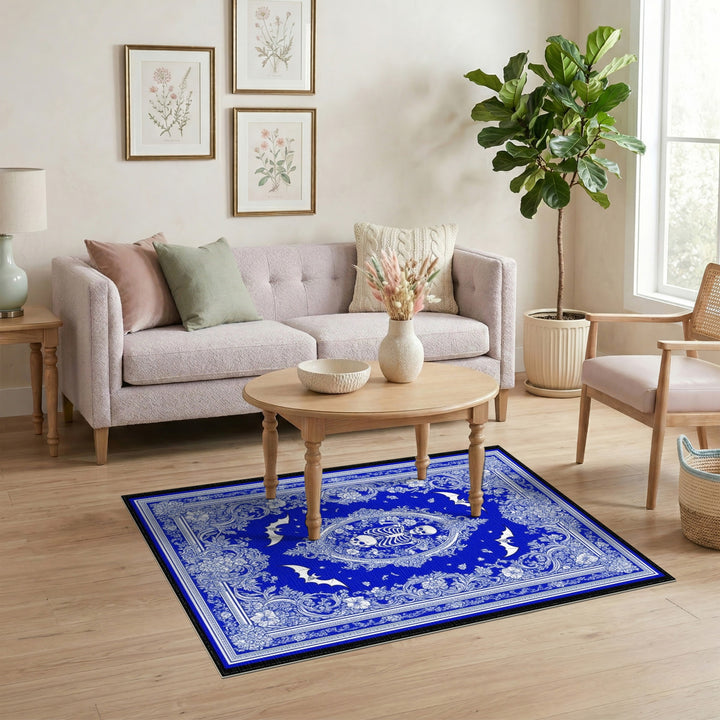 Blue Gothic Floral Skeleton Area Rug