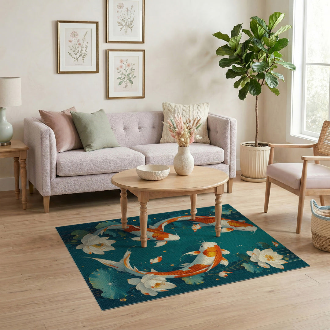 Koi Lotus Teal Washable Area Rug
