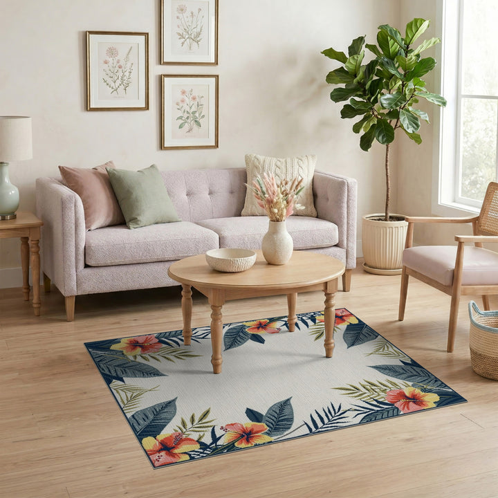 Hibiscus Floral Border Washable Area Rug