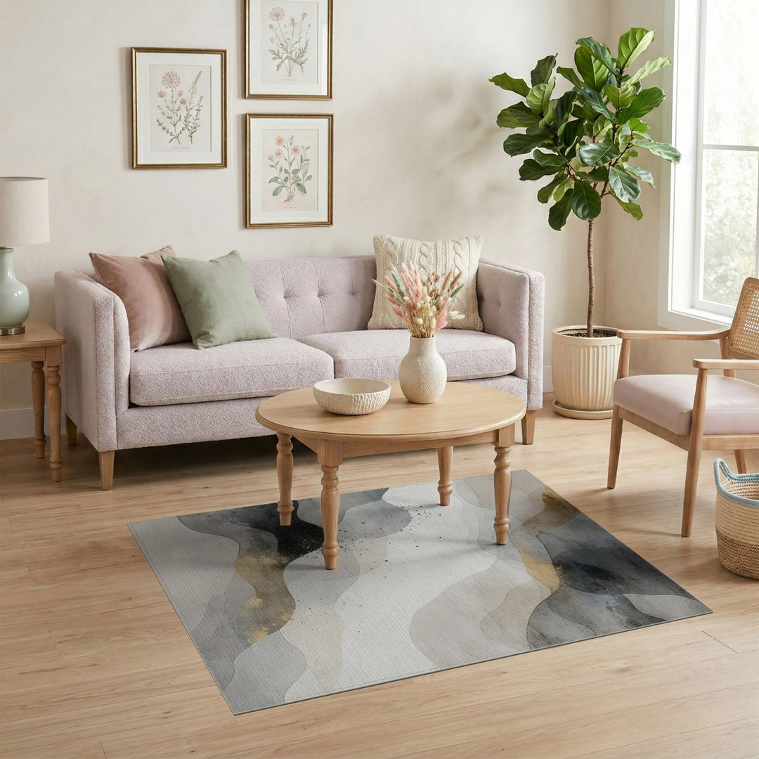 Grey Abstract Flow Area Rug with Gold Accents