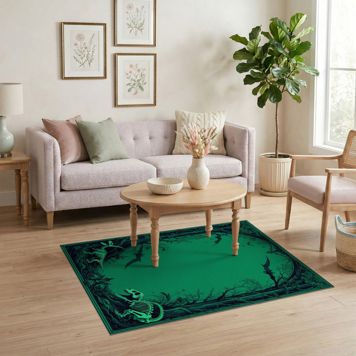 Green Dinosaur Skeleton Jungle Washable Area Rug