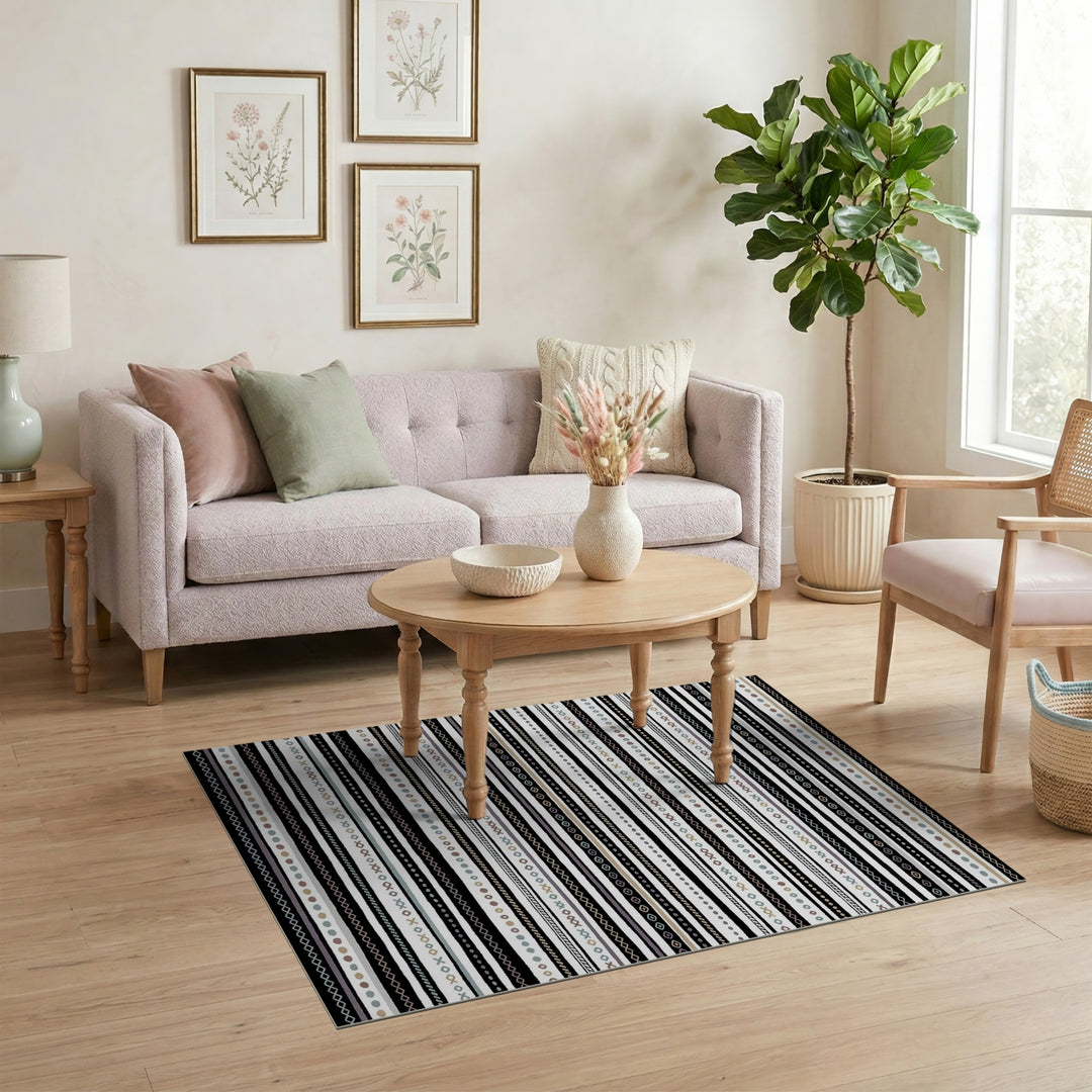 Black White Heritage Tribal Washable Area Rug