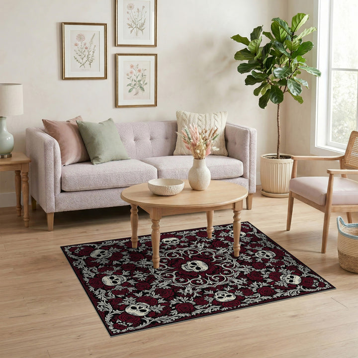 Red Vintage Skull Rose Area Rug