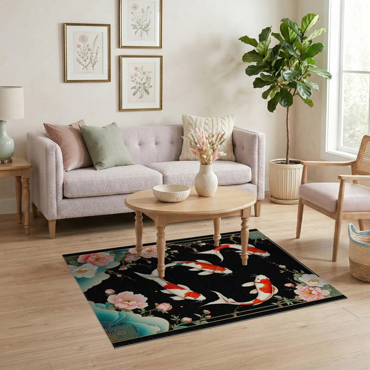 Koi Fish Peony Black Area Rug