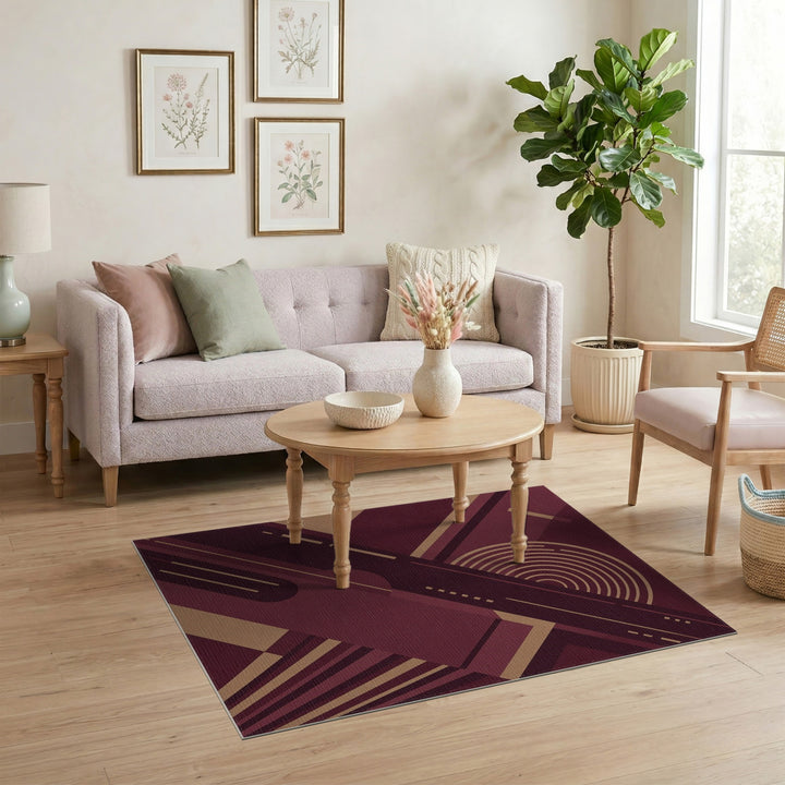 Geometric Red Area Rug with Gold Accents