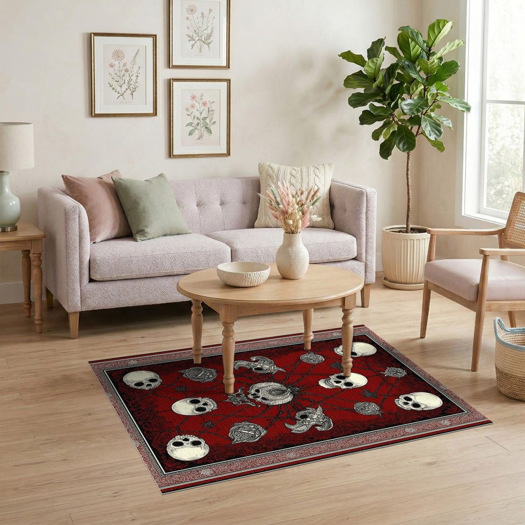 Distressed Vintage Red Gothic Skull Area Rug