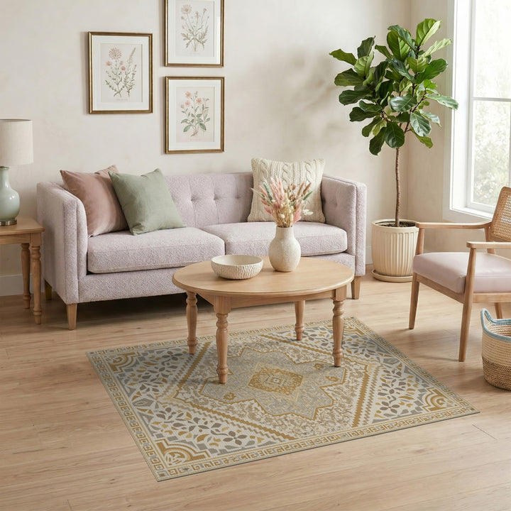 Beige and Neutral Beige Gold Traditional Persian Area Rug