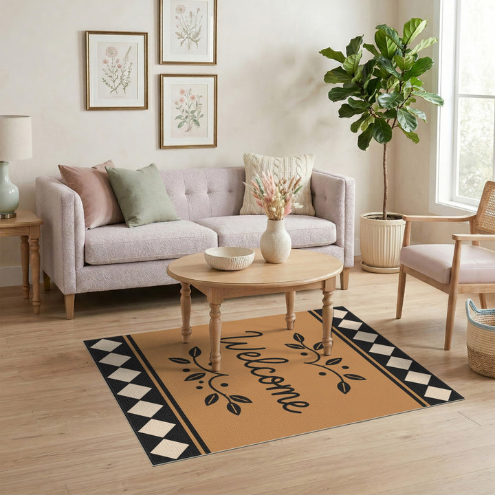Welcome Brown Tan Leaf Border Area Rug
