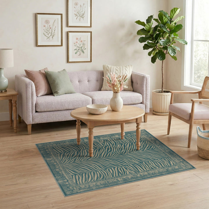 Blue Teal Zebra Stripe Distressed Vintage Area Rug