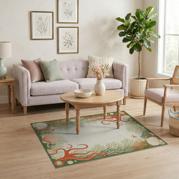 Red Octopus Coastal Green Area Rug