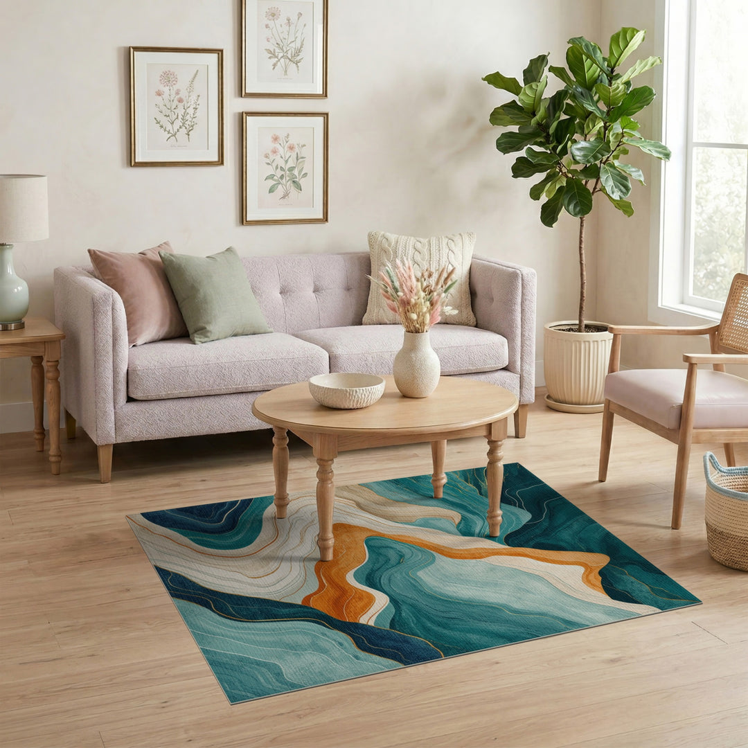 Teal Wave Abstract Area Rug