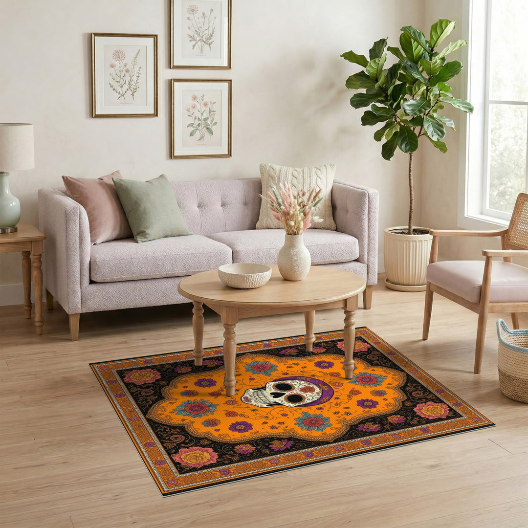 Orange Sugar Skull Floral Area Rug