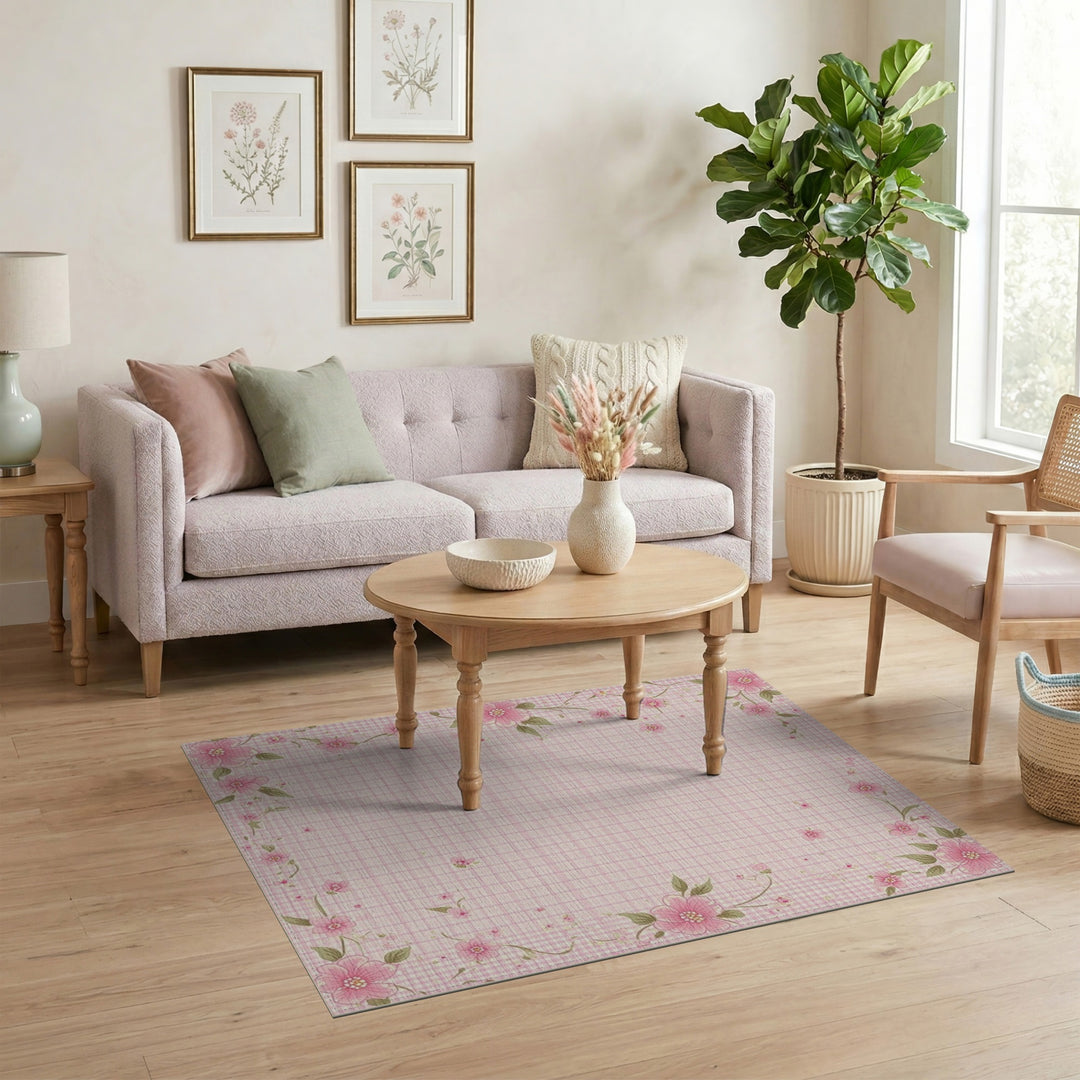 Pink Gingham Floral Washable Area Rug