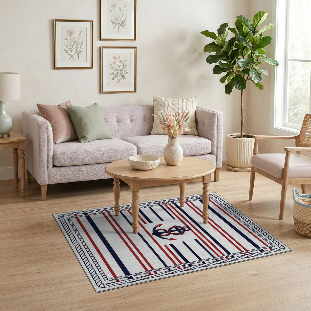 Nautical Anchor Striped Coastal Area Rug