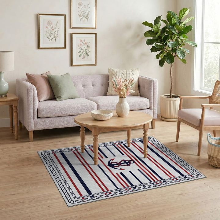 Nautical Anchor Striped Coastal Area Rug