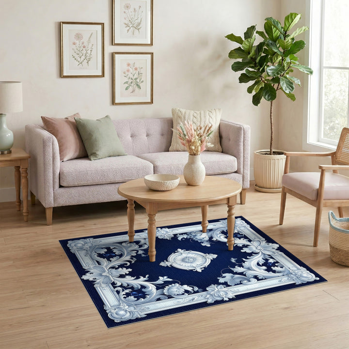 Navy Blue Floral Scrollwork Vintage Rug