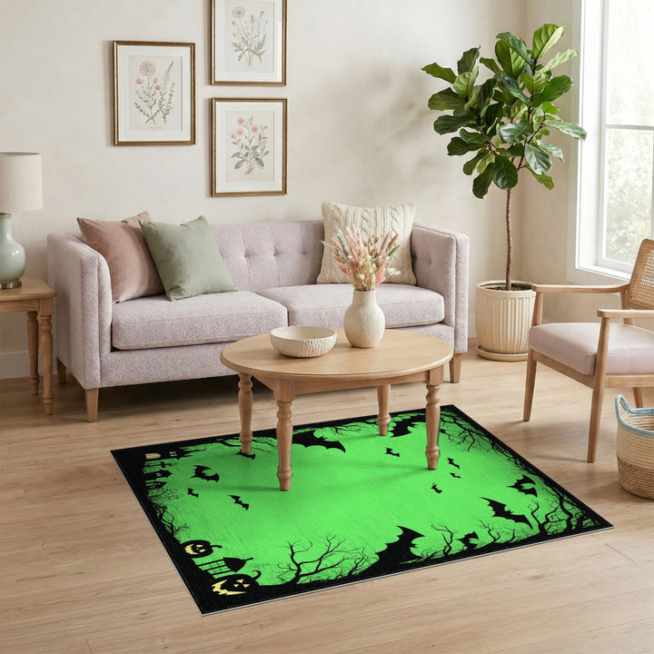 Green Halloween Bats and Pumpkins Area Rug
