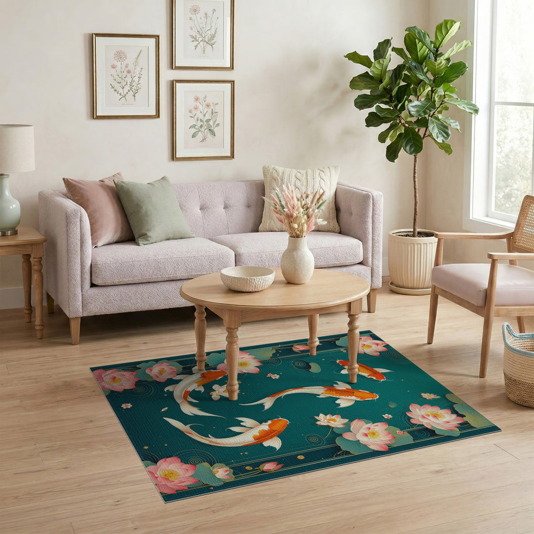Teal Koi Lotus Washable Area Rug