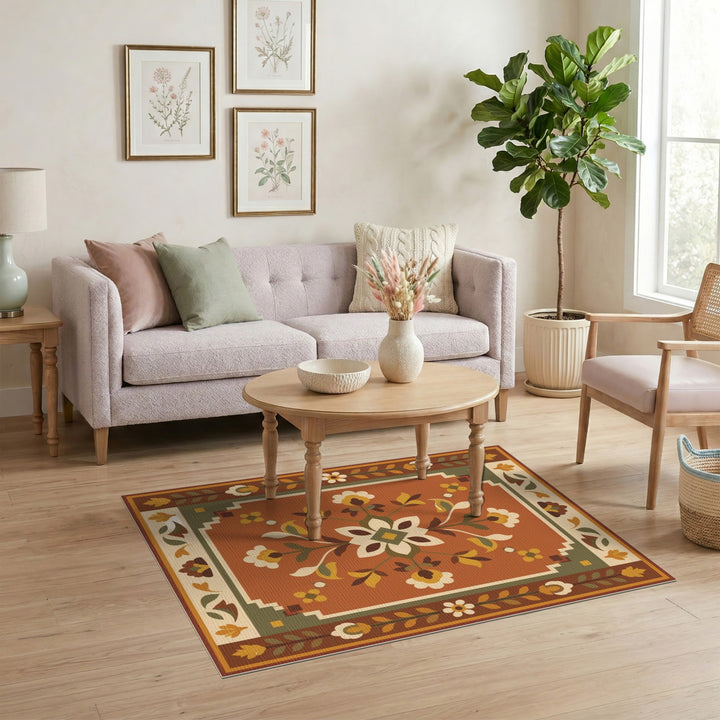 Terracotta Floral Medallion Area Rug