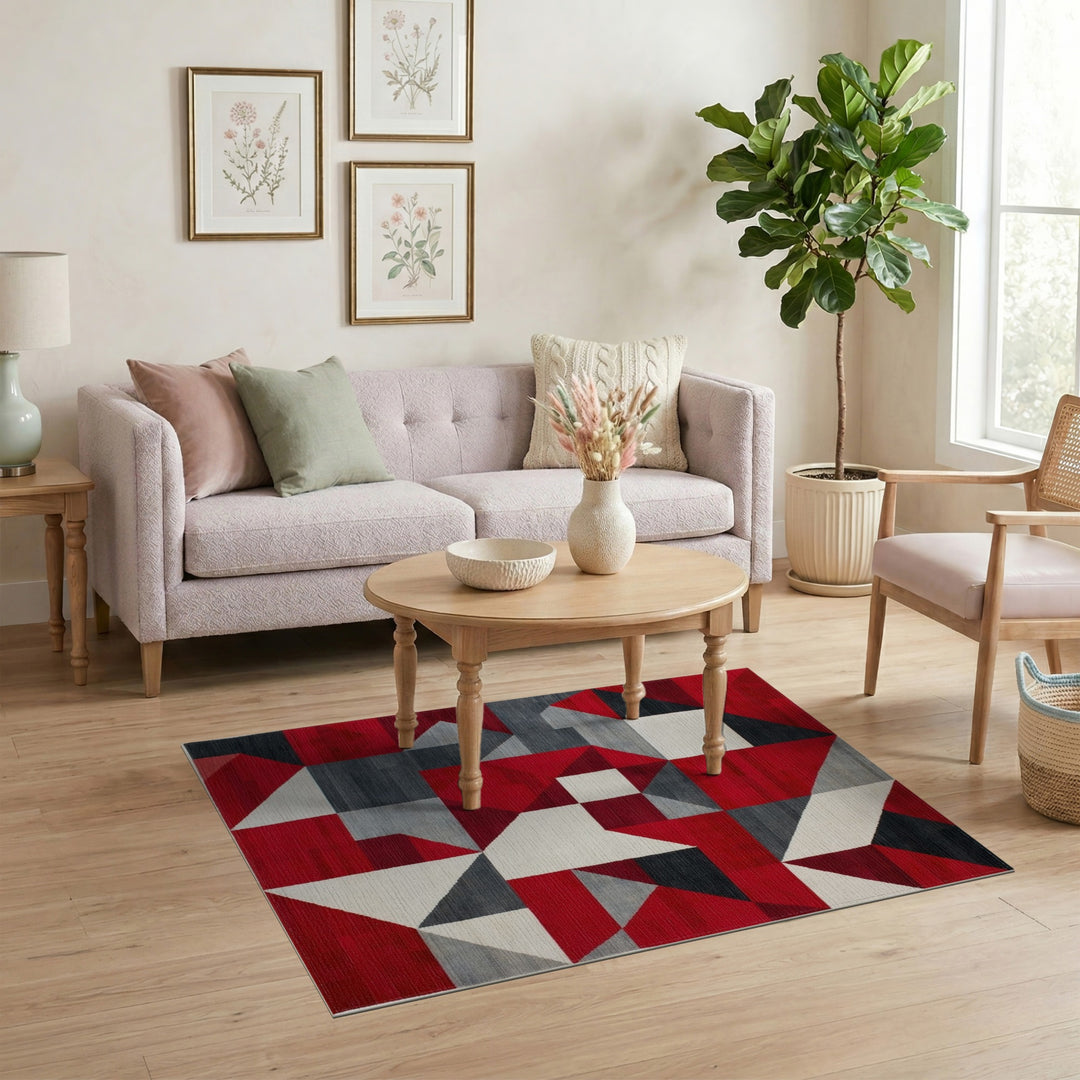 Red Geometric Modern Red Area Rug