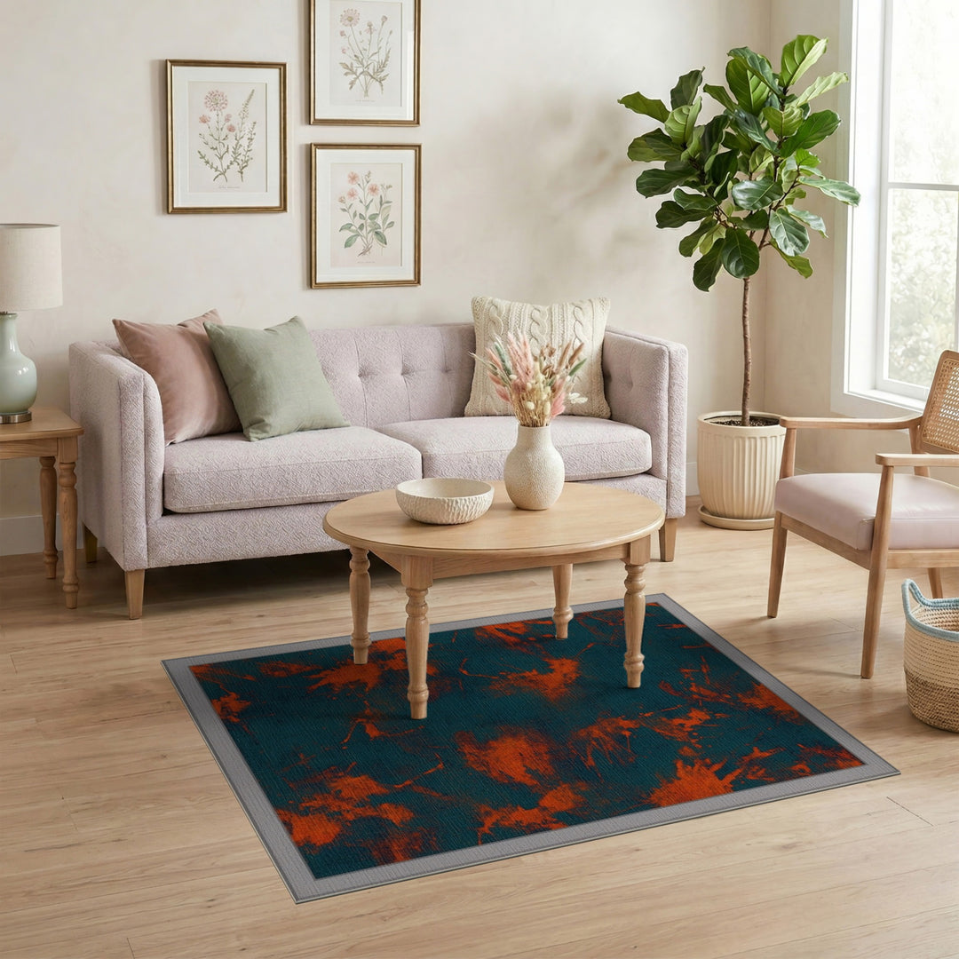 Blue Teal Abstract Orange Splatter Area Rug