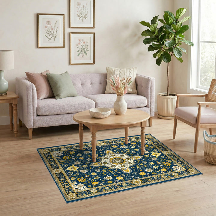 Navy Blue Gold Medallion Floral Persian Rug