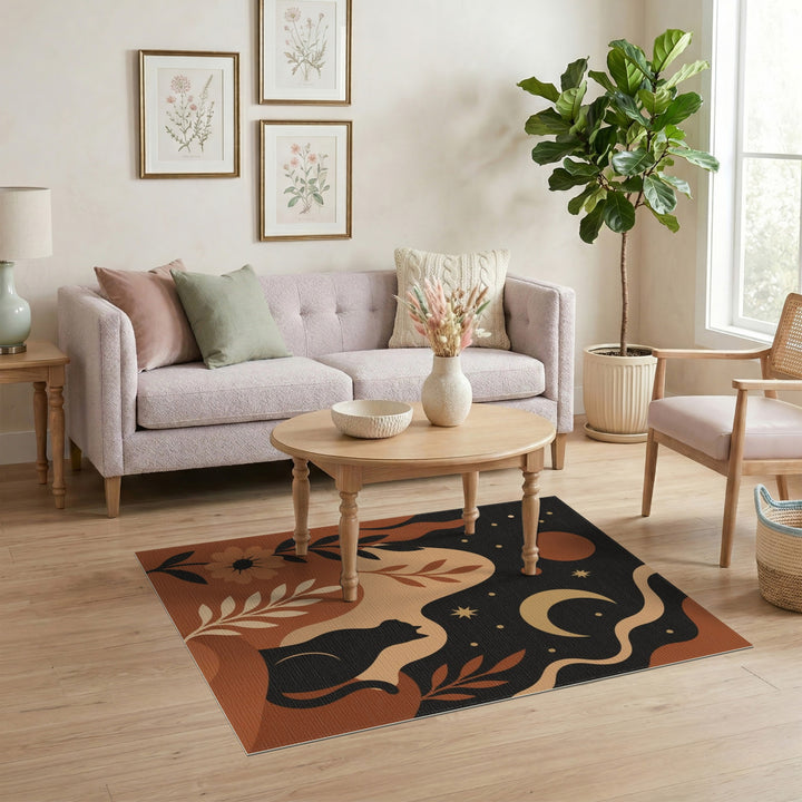 Brown and Tan Celestial Cat Boho Area Rug