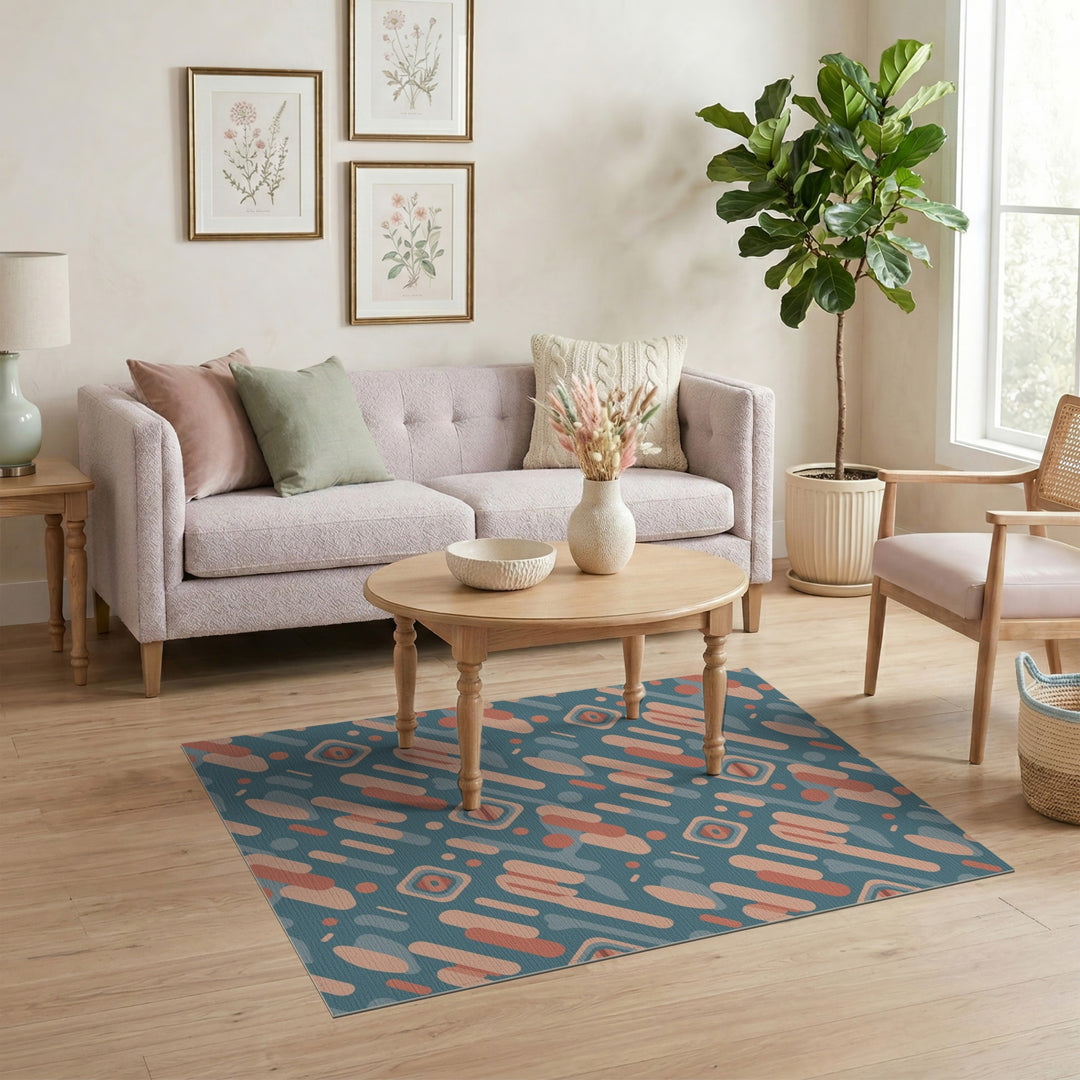 Blue Teal Geometric Washable Area Rug