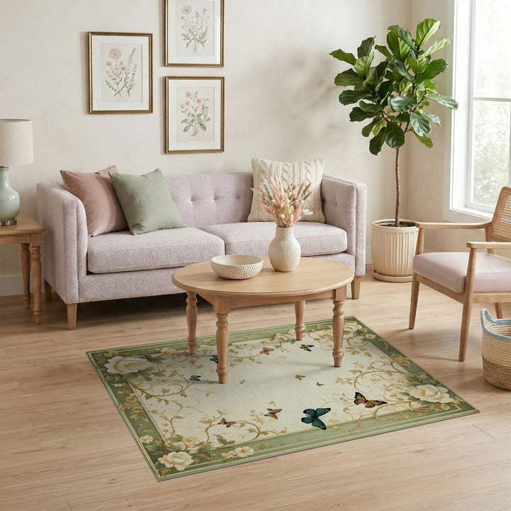 Green Floral Butterfly Vintage Area Rug