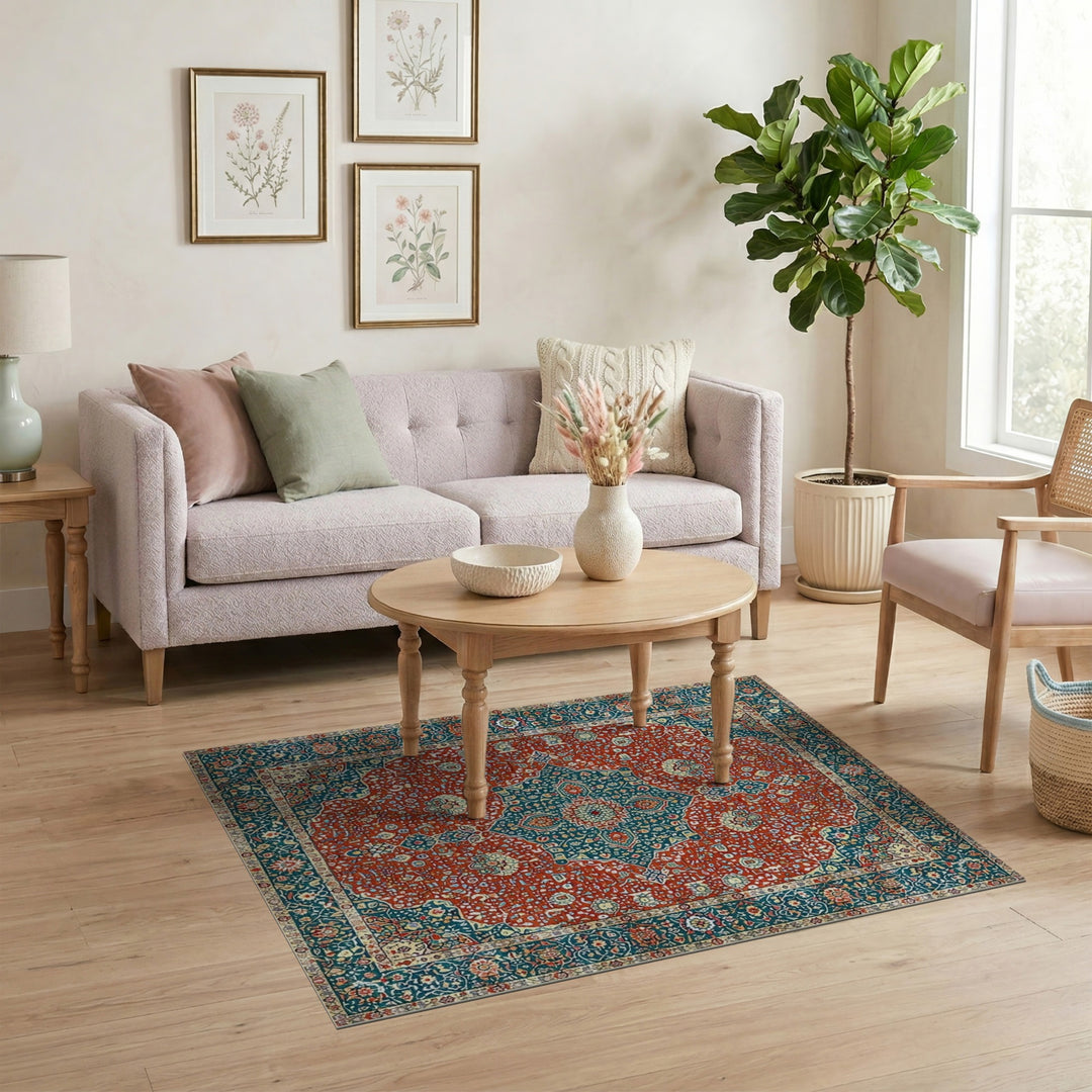 Red Traditional Persian Red Teal Persian Medallion Area Rug