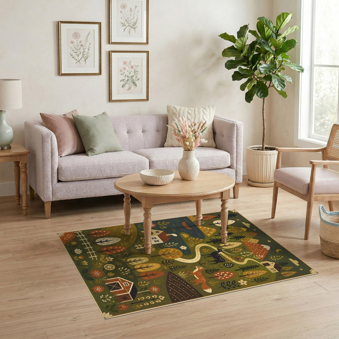 Rustic Woodland Scene Washable Area Rug