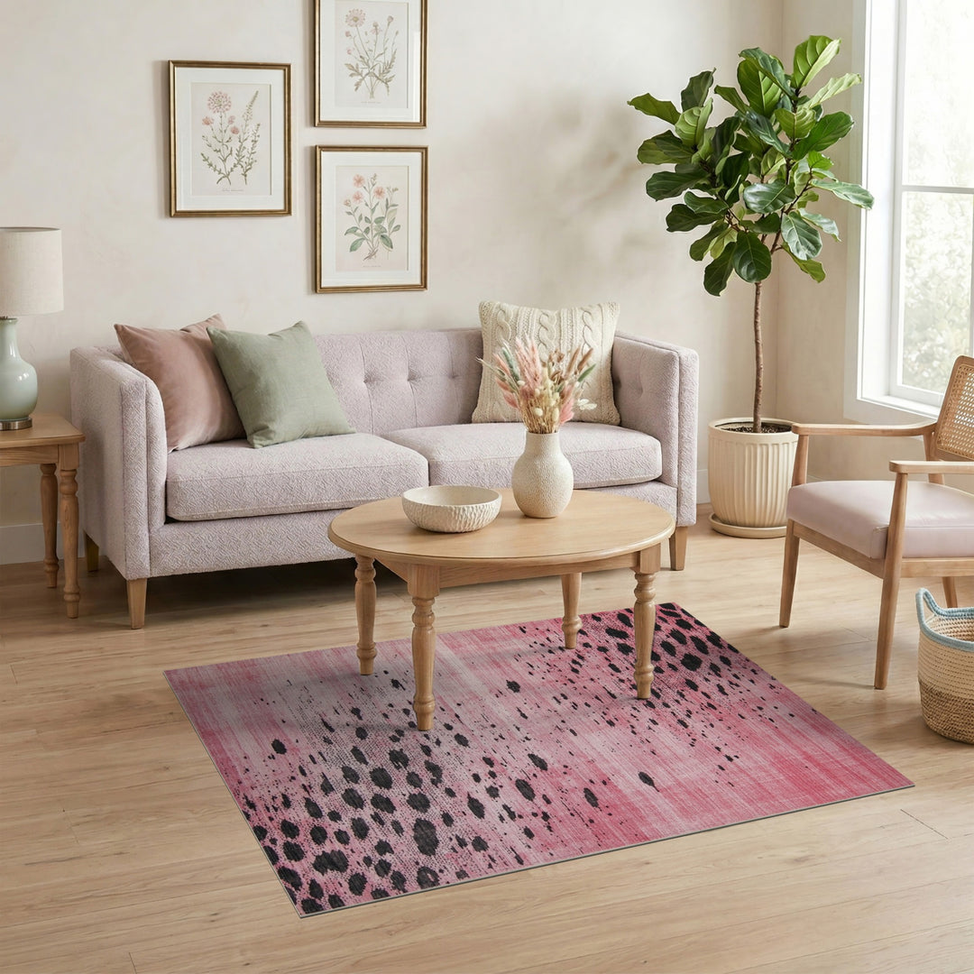 Pink Abstract Area Rug with Black Spots