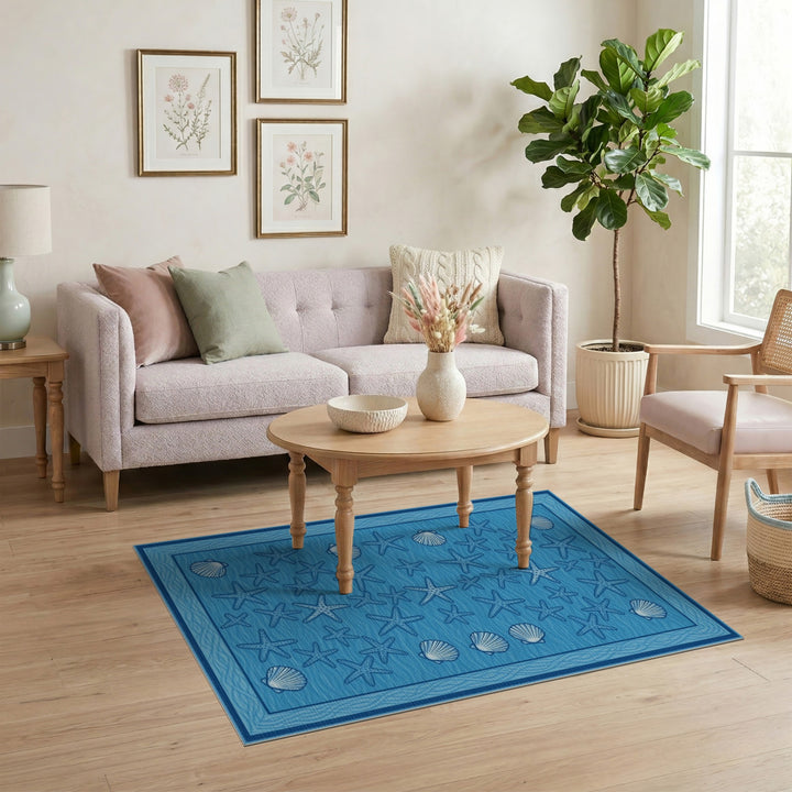 Blue Coastal Starfish and Seashell Area Rug