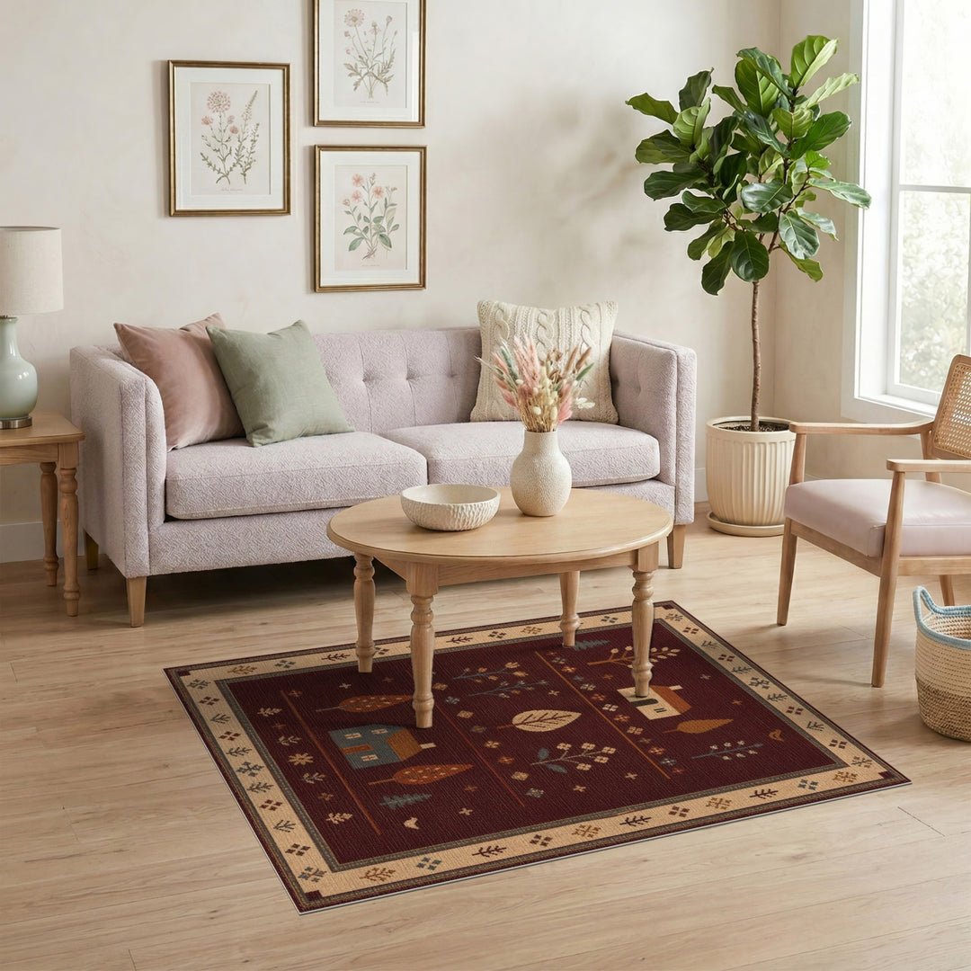 Red Rustic Farmhouse Area Rug with Houses and Trees