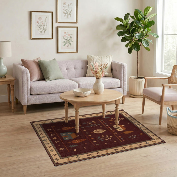 Red Rustic Farmhouse Area Rug with Houses and Trees