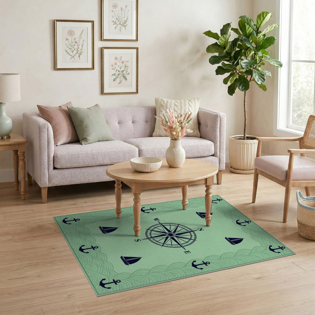 Coastal Nautical Compass Anchor Green Area Rug