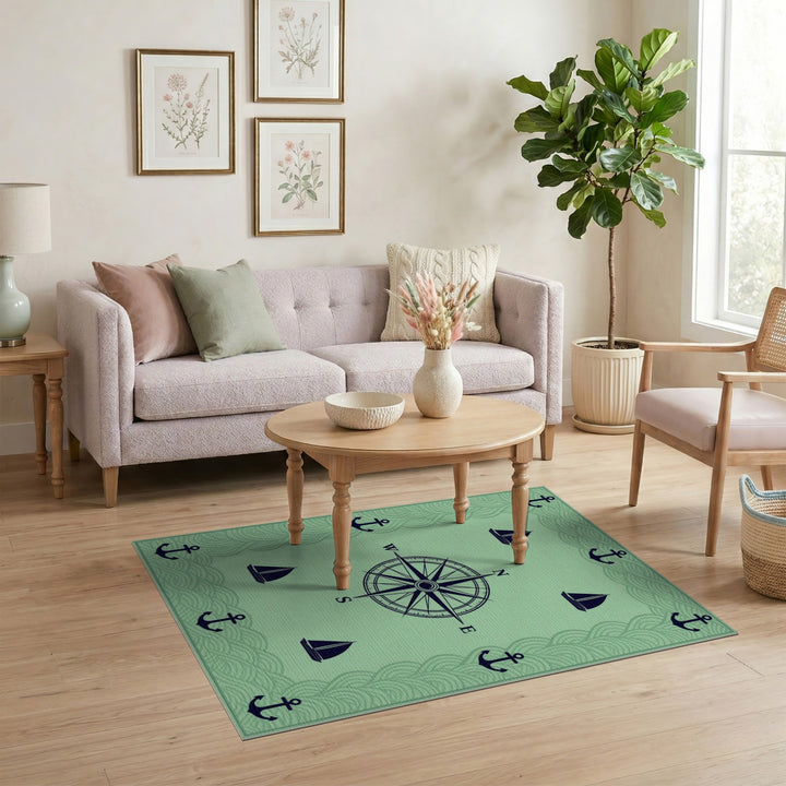 Coastal Nautical Compass Anchor Green Area Rug