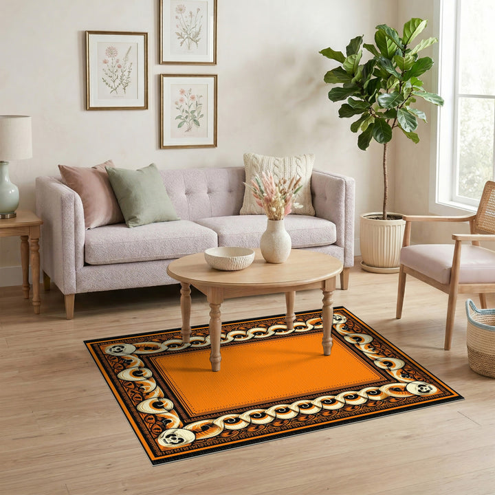 Orange Skull Tribal Border Area Rug