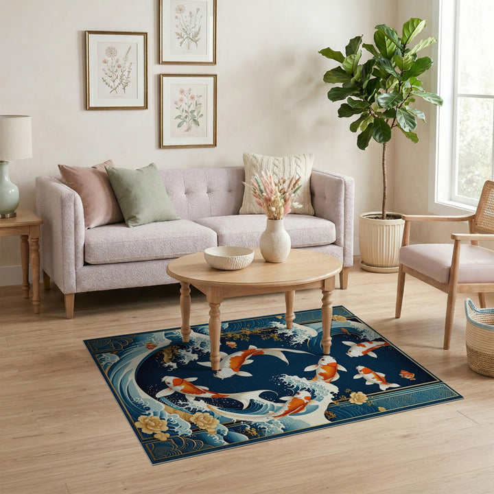 Koi Fish Waves Blue Area Rug