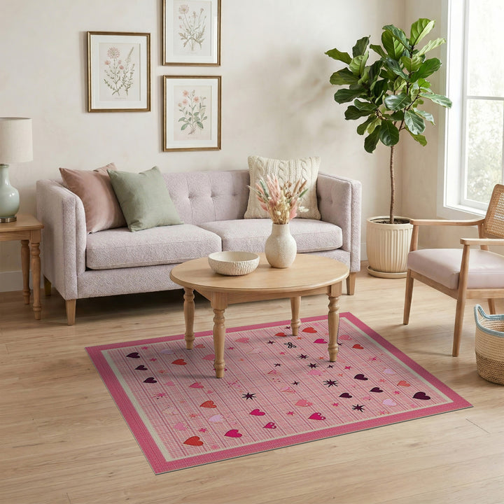 Pink Plaid Hearts Kids Washable Area Rug