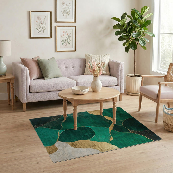 Green Abstract Area Rug with Gold Accents