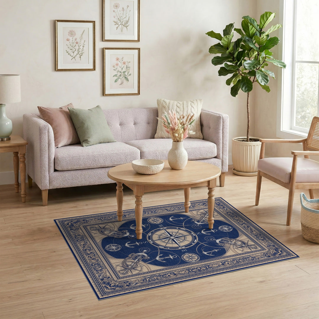 Blue and Teal Blue Nautical Compass Anchor Area Rug