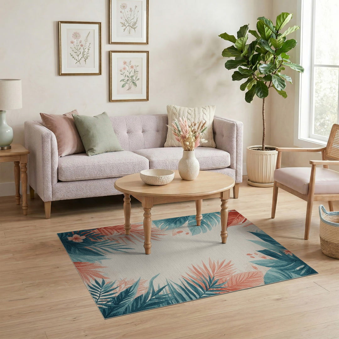 Blue Teal Coastal Leaf Area Rug