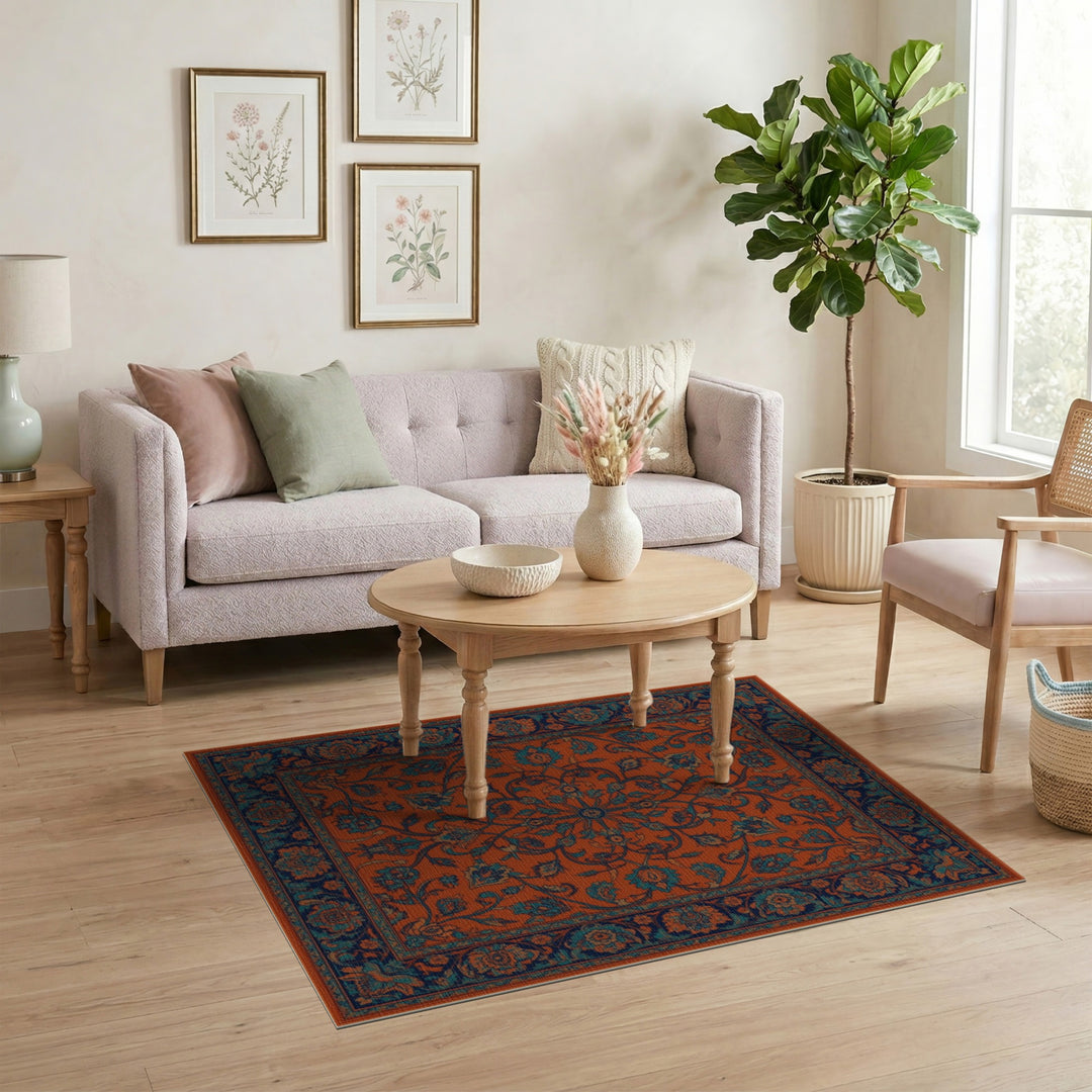Orange Teal Persian Floral Area Rug