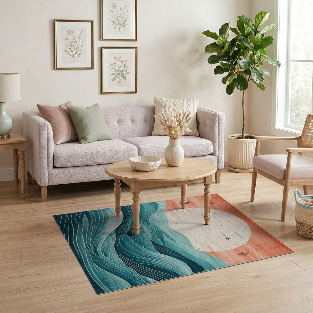 Teal Coastal Sunset Wave Area Rug