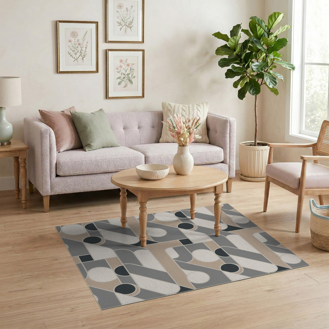 Beige and Neutral Geometric Circles Area Rug