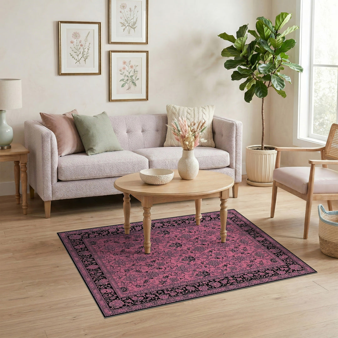 Pink and Black Floral Vintage Area Rug