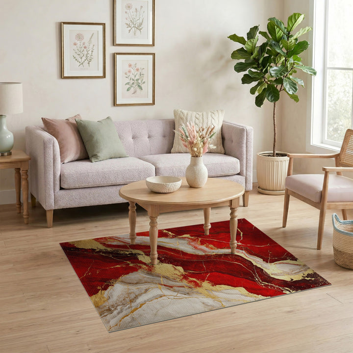 Red Gold Marble Abstract Area Rug