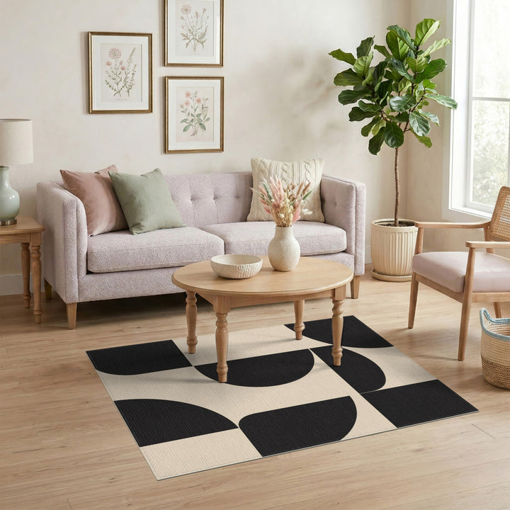 Beige and Neutral Black Geometric Modern Area Rug