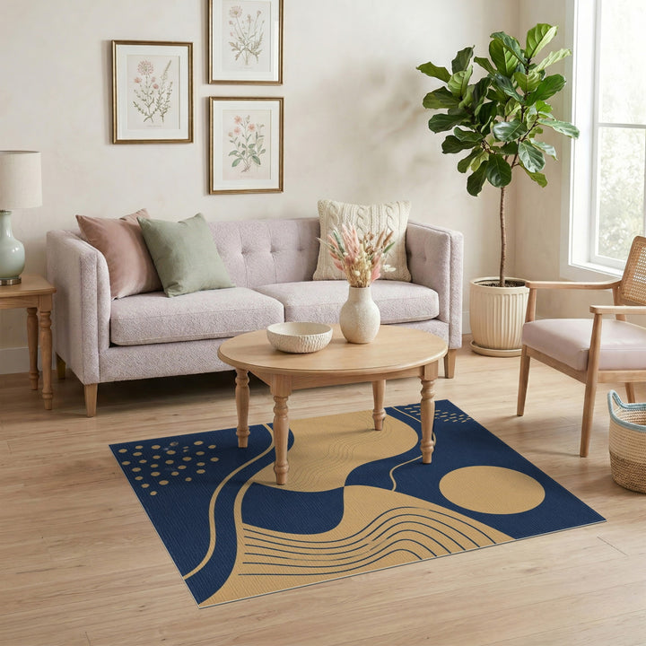 Blue and Teal Navy Gold Abstract Wave Area Rug